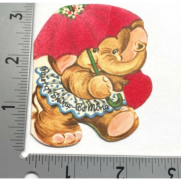 1940s Vintage Valentine Card Elephant with Umbrella Flocked Be Mine 3" Tall - Picture 4 of 5